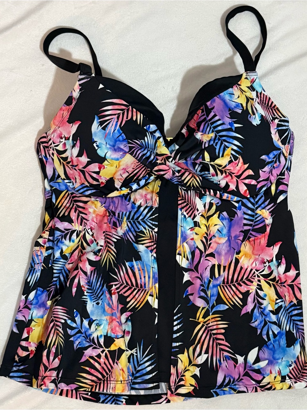 Black Tropical Floral Tankini Top with Multicolor Leaves